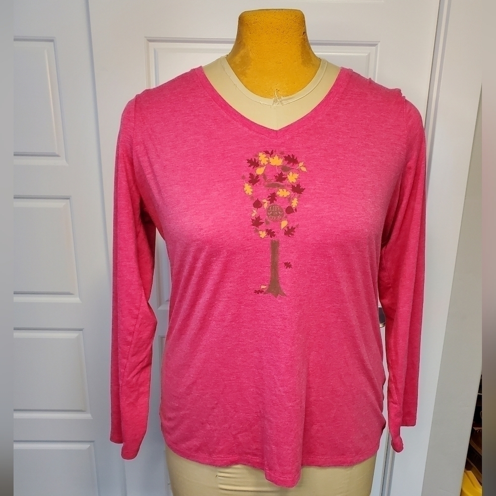 LIFE IS GOOD COOL TEE CLASSIC FIT LONG SLEEVE T-SHIRT TREE LEAVES WOMEN XL FALL
